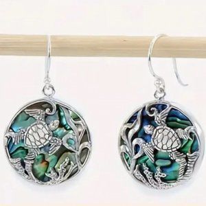 Fancy Boho Tiny Turtle Earrings Silver Turquoise Blue Green Iridescent NEW!